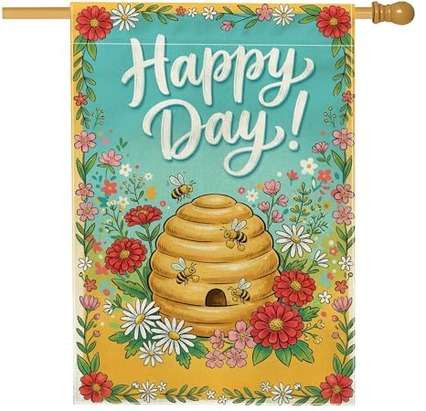 Bandera de casa de colmena, flores fantásticas de primavera, abejorros, primavera, turquesa, arpillera, banderas decorativas de doble cara para porche frontal al aire libre, patio, entrada, 28 x 40