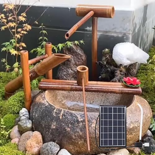 BLUEZY Solar Water Fountain Outdoor Garden Solar Powered Bamboo Fountain, Handmade Japanese Garden Waterfall Nozzle for Outdoor Decor, Zen Garden Fountain Bamboo Water Feature B