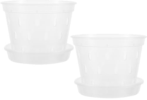 FELTECHELECTR Vaso con Fori di Drenaggio Set da 2 Vasi per Orchidee in Plastica Trasparente con Piattini e Base per Controllo Radici, per Arredamento Casa e Giardino