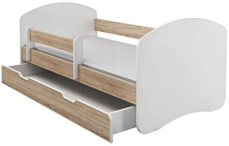 ACMA II Letto Junior 180x80 cm Sonoma con Materasso e Rete a Doghe - Letto per Bambini con Sponde di Sicurezza, Portata fino a 120 kg, Variante con Cassetto