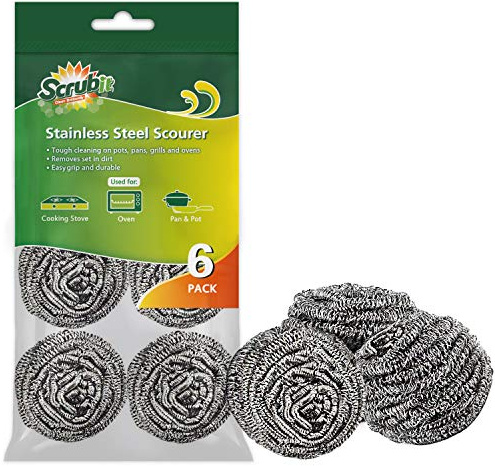 SCRUBIT 6 Pack Stainless Steel Scourers – Steel Wool Scrubber Pad Used for Dishes, Pots, Pans, and Ovens. Easy scouring for Tough Kitchen Cleaning.