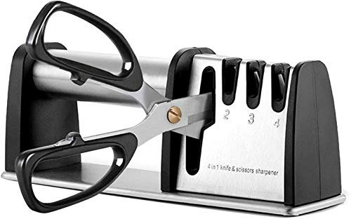 Manual Knife Sharpeners 4 in 1 Knife Sharpening with Non-Slip Base Kitchen Tool Scissors, Steel 4 Stage Manual Knife Sharperener