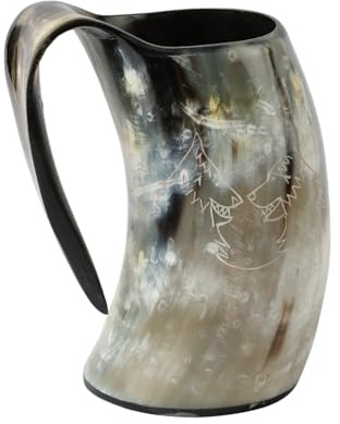 Handicrafts Home Viking Drinking Horn Mug with Handle, Beer Horn Tankard, Medieval Norse Decor Gift for Men, Dad, Husband, Medieval Viking Horn Drinking Mug for Mead, Coffee & Wine - Twin Wolf 6”