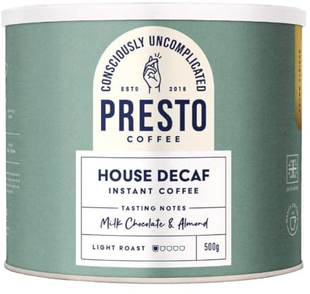 Presto House Decaf Instant Coffee 500g | Great Tasting Freeze Dried Coffee | Light Nutty Roast | Milk Chocolate and Almond | 100% Robusta | 275 Cups | Smooth and balanced single origin Arabica coffee beans certified by B Corp with mellow notes of milk chocolate and almond.