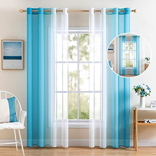 MIULEE 2er Set Voile Vorhang Zweifarbiger Vorhang mit Ösen Transparente Gardine Ösenschal Fensterschal Lichtdurchlässig für Schlafzimmer, 140x245cm, Wasserblau