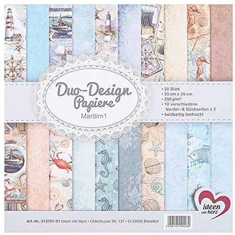 Ideen mit Herz Duo-Design-Papiere | Block mit 20 Blatt Bastelpapier | 25 x 25 cm | 250g/m² | beidseitig bedruckt | Designpapier, Motivpapier | ideal für Scrapbooking, Basteln (Maritim 01)