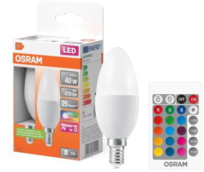 OSRAM Lampada LED, Attacco: E14, Warm White, 2700 K, 4,90 W, sostituzione per 40 W Incandescent bulb, opaco, LED Retrofit RGBW lamps with remote control,Confezione da 2