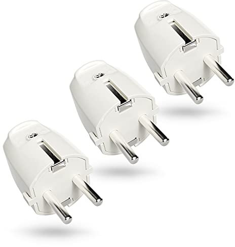 ABSINA Spina di contatto di messa a terra con scarico della trazione - 3x PVC spina di contatto di messa a terra a 2 poli, 250V, 16A, 3.7kW - IP20 spina Schuko bianca per uso interno - Spina Schuko