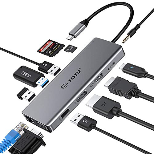 Hub USB C, TOTU mis à Niveau 13 en 1 Type C Hub vers 4K HDMI et DP, VGA, 2 USB3.0, 2 USB2.0, 95W PD, Station d'accueil à Triple Affichage pour Les systèmes Windows USB C, MacOS Uniquement