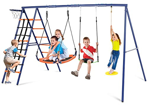Swing Set for Backyard - 6 in 1 Multifunction Kids Swing Set Heavy Duty 550 lbs Outdoor Extra Large Metal Swing Frame with 3 Adjustable Swings Climbing Net Ladder Basketball Hoop