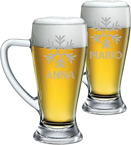 Colorfamily Coppia Boccali Personalizzati Set da 2 Boccali Birra Personalizzati con nome Fiocco Neve Bicchiere in Vetro 500 ml