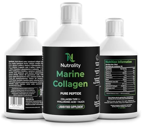 Nutrality High Strength 10,000mg Liquid Marine Collagen Supplements for Women | Hydrolysed Collagen Pure Peptides Drink Infused Hyaluronic Acid | Vitamin C, D and Biotin (3 Pack)