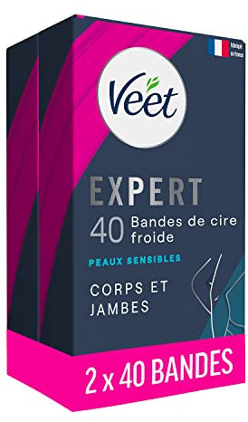Veet Expert – Set mit 80 Kaltwachsstreifen – Körper & Beine – für empfindliche Haut