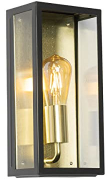 Qazqa - Industrie I Vintage I Industrie I Vintage I Außen Wandleuchte schwarz mit Gold I Messing IP44 - Rotterdam I Außenbeleuchtung - Stahl Rechteckig - LED geeignet E27