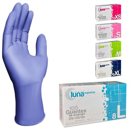 MUNTRADE Guantes Nitrilo Talla L 100 unidades | Guantes Desechables Violetas Sin Polvo y Sin Látex