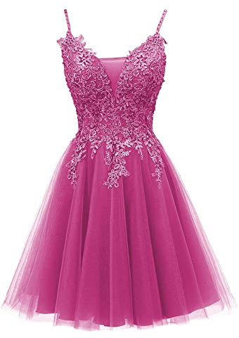 KURFACE Vestidos cortos de regreso a casa, tirantes delgados, apliques de encaje de tul para adolescentes, vestidos de fiesta con espalda abierta, fucsia, 38