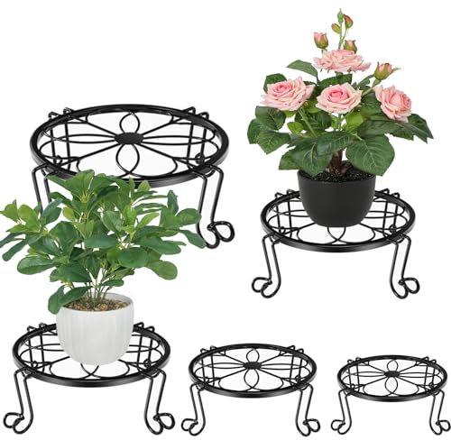 Zinaroty 5 supporti per piante in metallo, rotondi, in ferro antiruggine, resistenti, per piante da interni ed esterni, supporto per vasi di fiori per decorare giardini e case (nero)