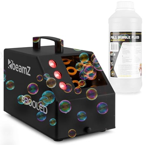 BeamZ B300LED Seifenblasenmaschine mit 1L Flüssigkeit und farbigen LEDs, 25 Watt, Luftblasenmaschine, Bubble Machine mit Fernbedienung, 10.000 Bubbles pro Minute, Seifenblasen Hochzeit