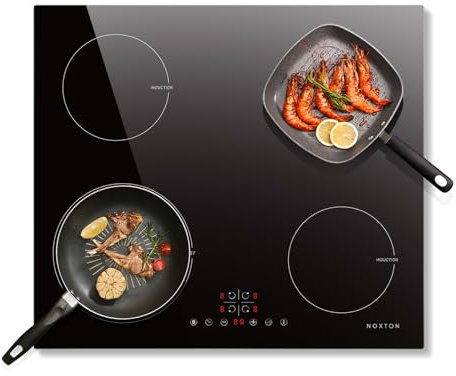 NOXTON Piano Cottura a Induzione 4 Fuochi, 6400W Piani Cottura Elettrici Domino Incasso, 60cm Piastra Induzione nero con Toccare, Sensore Sicurezza Bambini Blocco, Cavo Bipolare, 220-240V, Vetro