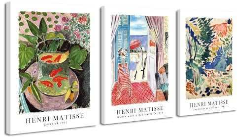 Wieco Art Canvas Wall Art Set of 3 Henri Matisse Aesthetic Posters Woman with A Red Umbrella Goldfish Landscape at Collioure Art Exhibition Matisse Prints for Home Decorations