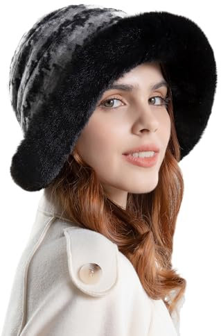 FEOYA Damen Winter Hut Warme Plüsch Fischerhut aus Kunstpelz Winddichte Flauschige Outdoor Mütze Breite Krempe Fellmütze B-schwarz