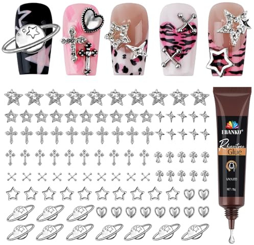 EBANKU 100PCS Breloques Argentées pour ongles, 10 Styles 3D Décoratives