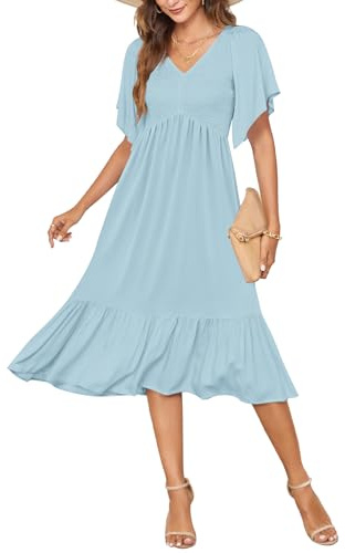 AUSELILY Women's Summer Empire Waist Dress Smocked Flutter Short Sleeve V Neck Midi Dresses 2026 New Sky Blue S