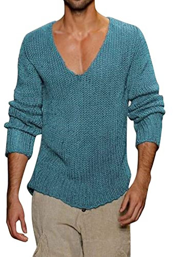 Foweknow Jersey para hombre, suéter de punto de negocios, vintage, invierno, ajustado, básico, cálido, sin capucha, cuello de pico, suéter de trabajo, sólido y cómodo, camiseta de manga larga, azul,