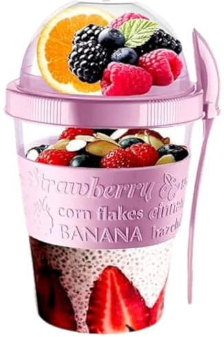 Pro Home Yogurt Pot With Spoon 20oz/600ml Bpa Free Reusable Airtight Dishwasher Safe On The Go Yoghurt Pots With Lids Museli Cereal Cup Containers Overnight Oats Jar Storage (Lilac Pink)