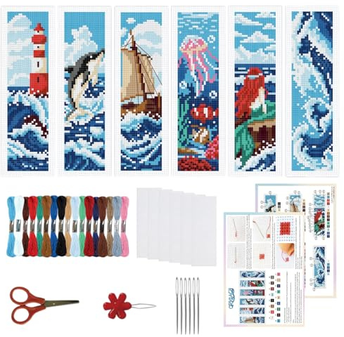 ORIGACH 6 Stück Meereselemente Kreuzstich Lesezeichen Set für Anfänger | 11CT Kreuzstich Set mit Anleitung Vorgedruckt, Vorgedruckt Sticken Lesezeichen-Set für Erwachsene Buch-Liebhaber