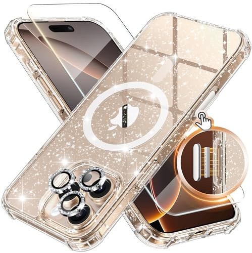 BERFY for iPhone 16 Pro Max Case Glitter 6.9, Compatible with Magsafe, Women Clear Bling Cute Magnetic Phone Cover, [with 9H Tempered Screen Protector] [3X Diamond Camera Lens Protectors],Shiny Clear