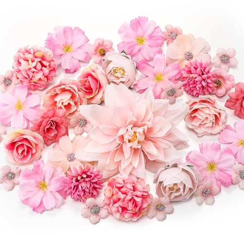 36 Pcs Artificial Flowers Heads, Pink Artificial Flowers for Cake Decorations, Silk Faux Craft Flowers Pink Roses for Flower Wall Panel DIY Party Cake Hair Decorative Bridal Bouquet Wedding Party
