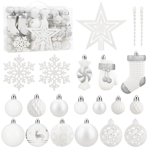 SOLEDI 128 PCS Christmas Balls Decoration Christma Baubles, Assorted Shatterproof Christmas Tree Ornaments Set Decorative Baubles Pendants Reusable Hand-held Gift Package for Xmas Tree, White