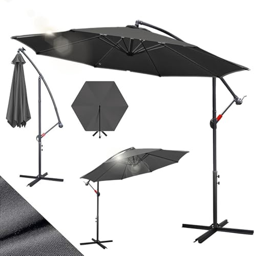 Hebitod Sonnenschirm Ø 350 cm Grau mit Kurbel| Ampelschirm mit Ständer | Gartenschirm Sonnenschutz UV-Schutz Eisen | Kurbelschirm Marktschirm wasserdicht für Garten