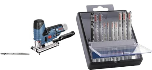 Bosch Professional 12V System Akku Stichsäge GST 12V-70 (inkl. 2x Sägeblatt, ohne Akku/Ladegerät) + 10x PRO Hardwood and Laminate Stichsägeblatt-Set (für Hartholz, Parkett, Länge 83 mm, Zubehör)