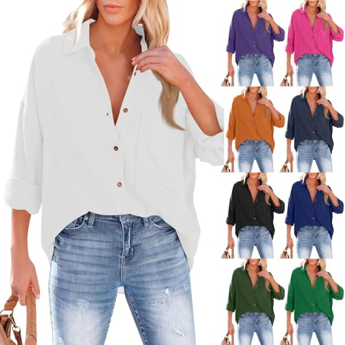 Chemisier Lin Femme Manches Longues Col V Boutons et Poches Chemise Gaze de Coton Blouse Femme Chic et élégant Tunique Lin Grande Taille Lâche Respirant Haut Ete