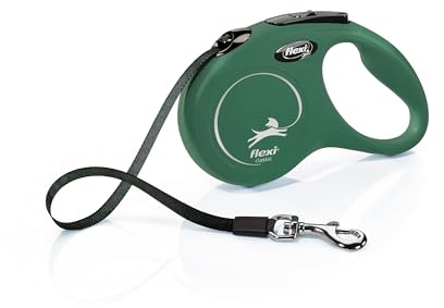 flexi® Classic S Hunde Roll-Leine, 5m Gurt, olivgrün | Die original flexi® Leine – seit 1973 in Deutschland hergestellt, für Hunde bis 15 KG
