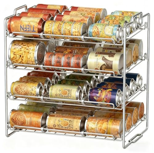 STEUGO 4 Ebenen Dosenregal-Organizer für die Speisekammer, Stapelbarer Dosenorganizer, Dosen-Organizer für die Speisekammer, Esszimmer, Multifunktions-Storage Rack, Aufbewahrung für 48 Dosen, Silber