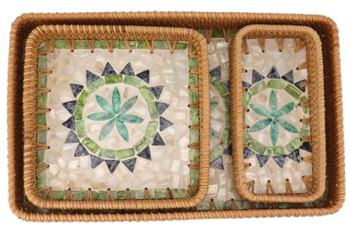 Riuulity Plateau de Rotin Fait à la Main, Organisateur de Panier en Osier de Grande capacité pour Collation de Petit-déjeuner à Table (Type bohème)
