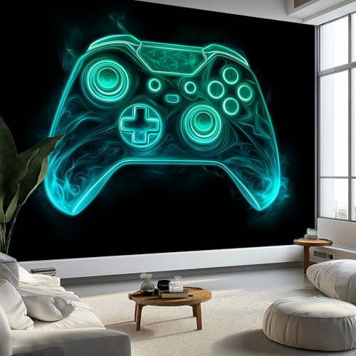Photo Wallpaper Gaming Neon Controller, 200 x 140 cm Mural Large TV Background, Green Non-Woven Murals for Home Office & Bedroom Decoration Wall Covering