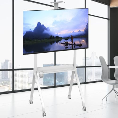 Height Adjustable Rolling TV Stand on Wheels for 42-120 Flat & Curved Screens Mobile Cart with Shelf Supports 264lbs/330lbs Portable White TV Stand for Home & Office