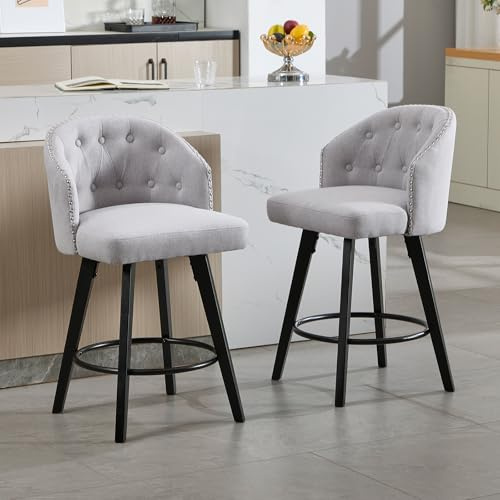 KHISCHMO Barhocker 2er Set Barstuhl aus Leinen 360° Drehbar mit Holzrahmen Frühstück Barstühle für Esszimmer Armlose Tresenhocker für Küchentheke Bar, Grau