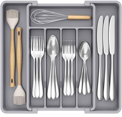 Lifewit Cutlery Drawer Organiser, Extendable Cutlery Tray, 7 Compartments, Kitchen Drawer Organiser Utensil Spoons Forks Knives, Small, Grey