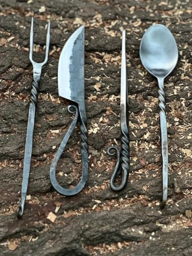Chilgoza Hand Forged Silverware Set with Leather Cover- Medieval 4 Pcs Kitchen Utensils Set, Viking Cutlery Set, Viking Cutlery Set Knife Spoons and Forks Set- Dinnerware Sets (Multicolor)