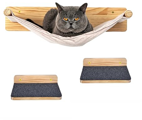 PET VIOLET Katzen Wand-Hängematten Set – 1 Hängematte & 2 Plattformen aus Massivholz & Sisal Wandmontiertes Katzenmöbel für Kletterwand, Schlafplatz & Spielbereiche