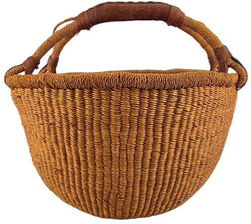 Medium Rund Bolga-Korg ca Ø 30 x 30 cm – Handgjord i Ghana – Fair Trade – Shoppingkorg med Läderhandtag – Orange