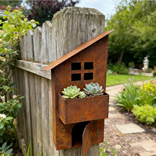 Jaxuzegs Blumentöpfe in Rostoptik Gartendeko Haus Laterne Gartenlicht zum Stellen Metall Rost Deko Kerzenhalter Multifunktional, geeignet für den Innen- und Außenbereich