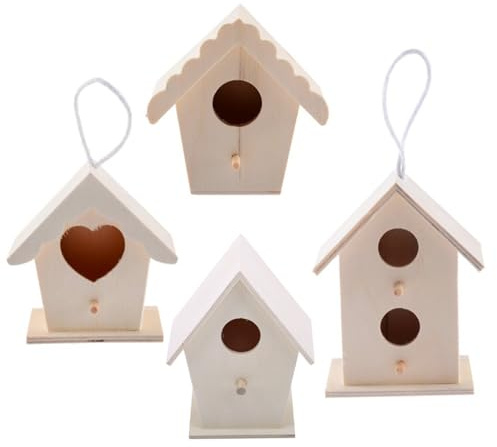 Nuiorfty 4-teiliges DIY-Vogelhaus-Set aus Holz unvollendetes herzförmiges Vogelhaus zum Bemalen – Naturholz-Bastelsets für Kinder und Erwachsene Garten- und Innendekoration