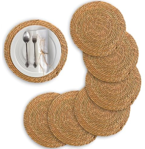 Round Woven Placemats Set of 6, 30cm Handwoven Natural Water Hyacinth, Heat-Insulating Wicker Table Mats Set for Kitchen Dining Table, Home Decor