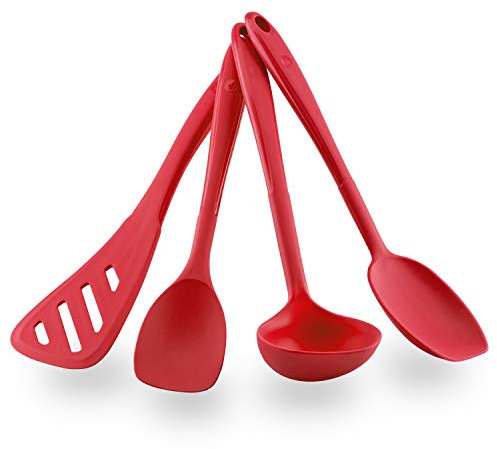 Kochblume Küchenhelfer-Set - Design-Schlitzwender L & Soßenlöffel L & Schöpfkelle L & Flexlöffel L 4er Set | Premium-Silikon | Hitzbeständig | Spülmaschinenfest | Farbe: rot